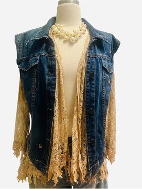 LAUREN CONRAD- Denim sleeveless Vest with pink embroidered roses 🌹